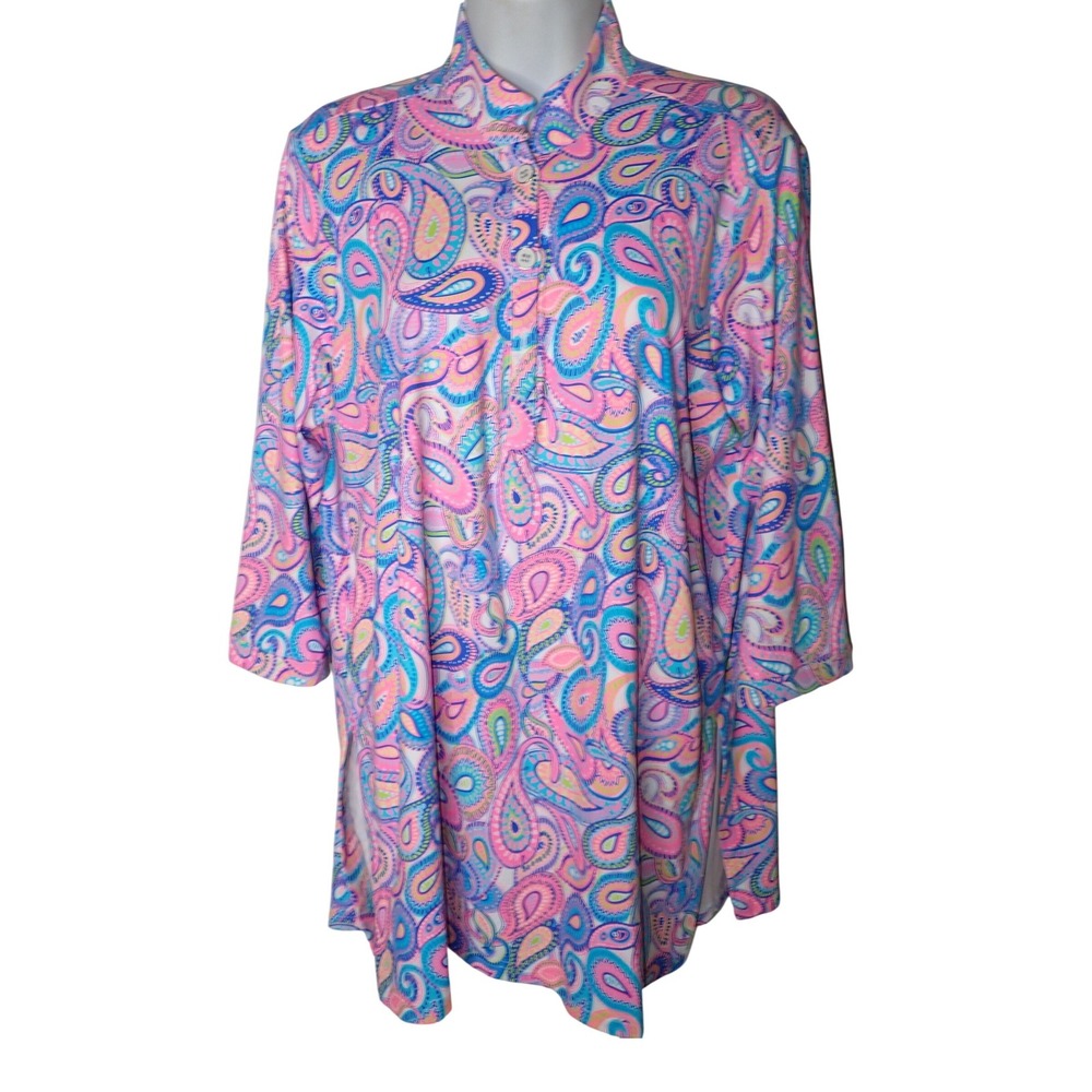 Lulu-B Women Paisley Print 3/4 Sleeve Tunic Top Pink Blue Size L Golf Athleisure